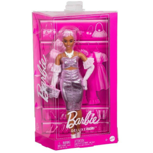 Barbie Deluxe Style Doll In Glossy Pink Barbie core Dress With Velvet Gloves, Pink Hair With Money