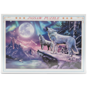 Jigsaw Puzzle: Wolves Howling Under Aurora Moon